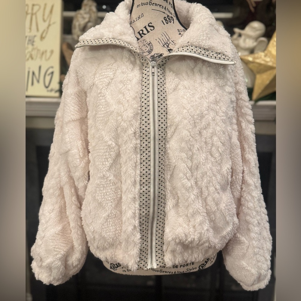 Cali 1850 Sherpa Bomber Jacket Shorter Length Zip Cream Argyle Women’s Medium